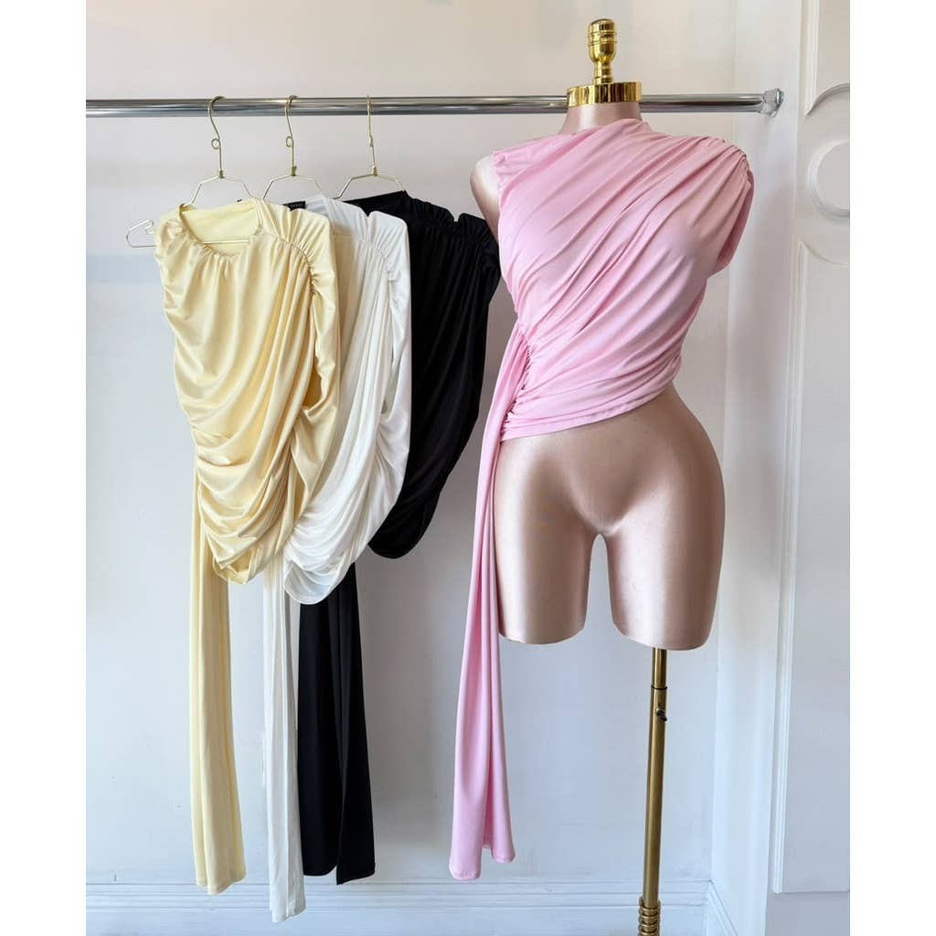 Asymmetrical Ruched Drape-Tail Top