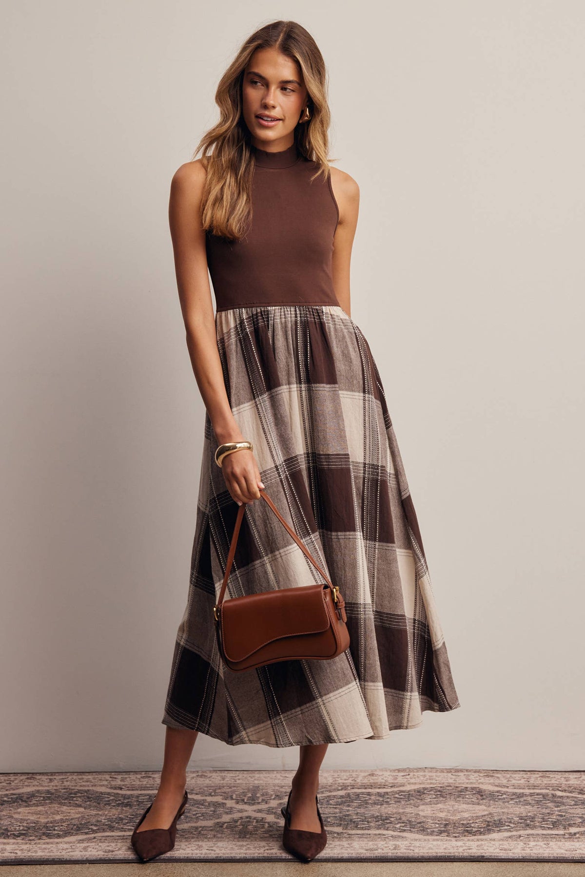 Mock Neck Mixed Media Plaid Midi Dress