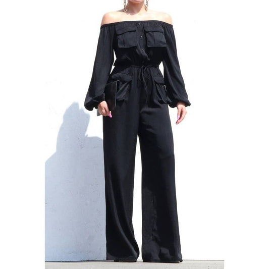 OFF SHOULDER ROMPER POCKET DETAIL JUMPSUITS