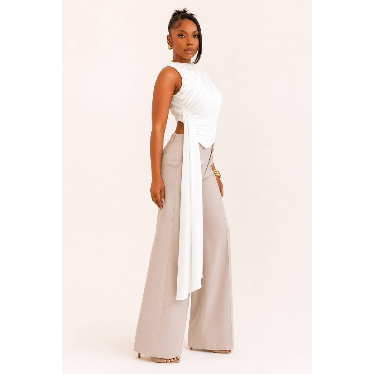 Asymmetrical Ruched Drape-Tail Top