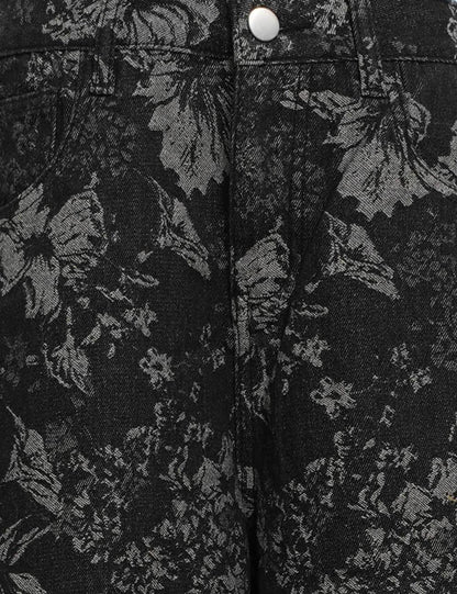 Ladies Vintage Denim Pants Floral Print Barrel Pants