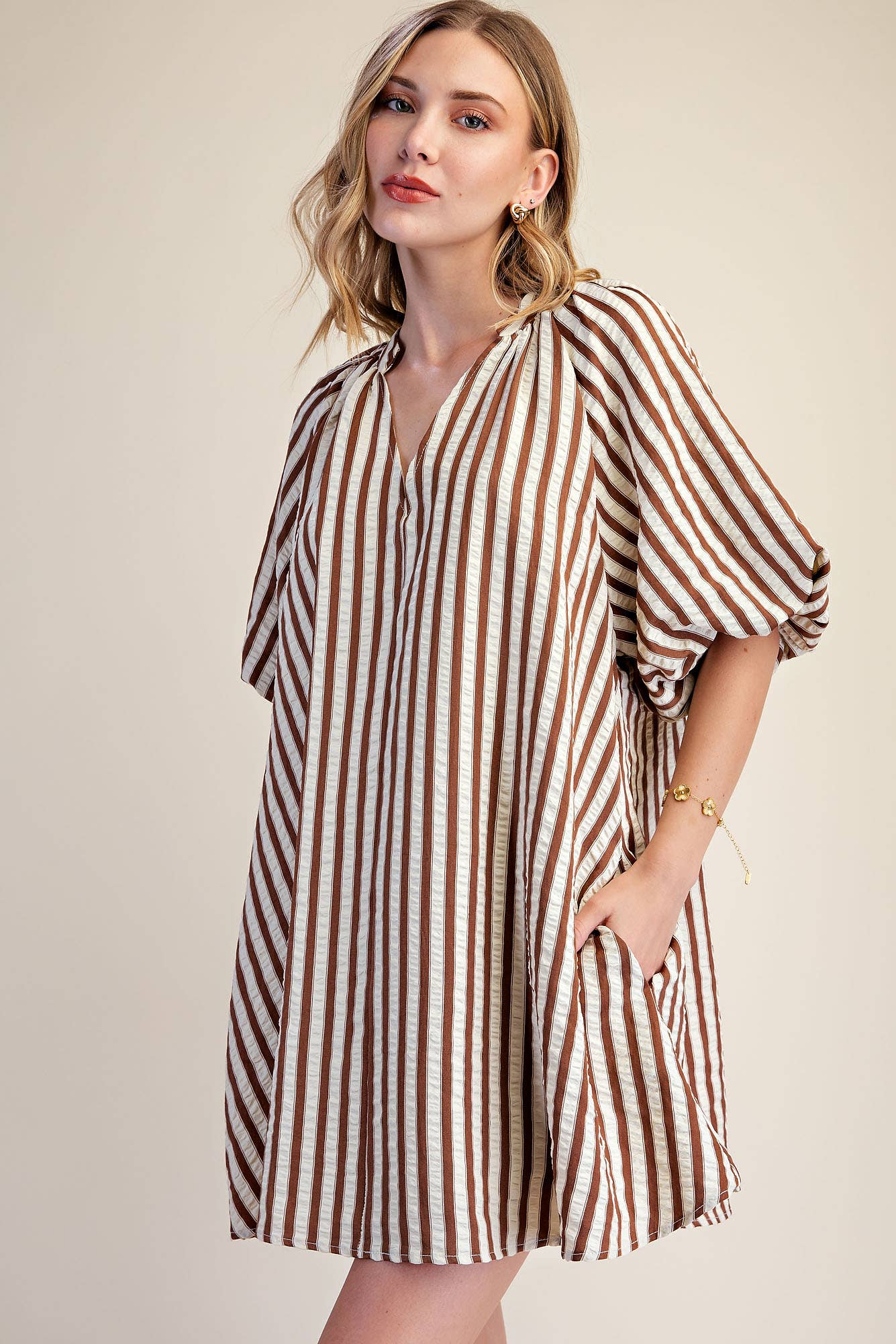 Puff-Sleeve Stripe Mini Dress By Glam Apparel