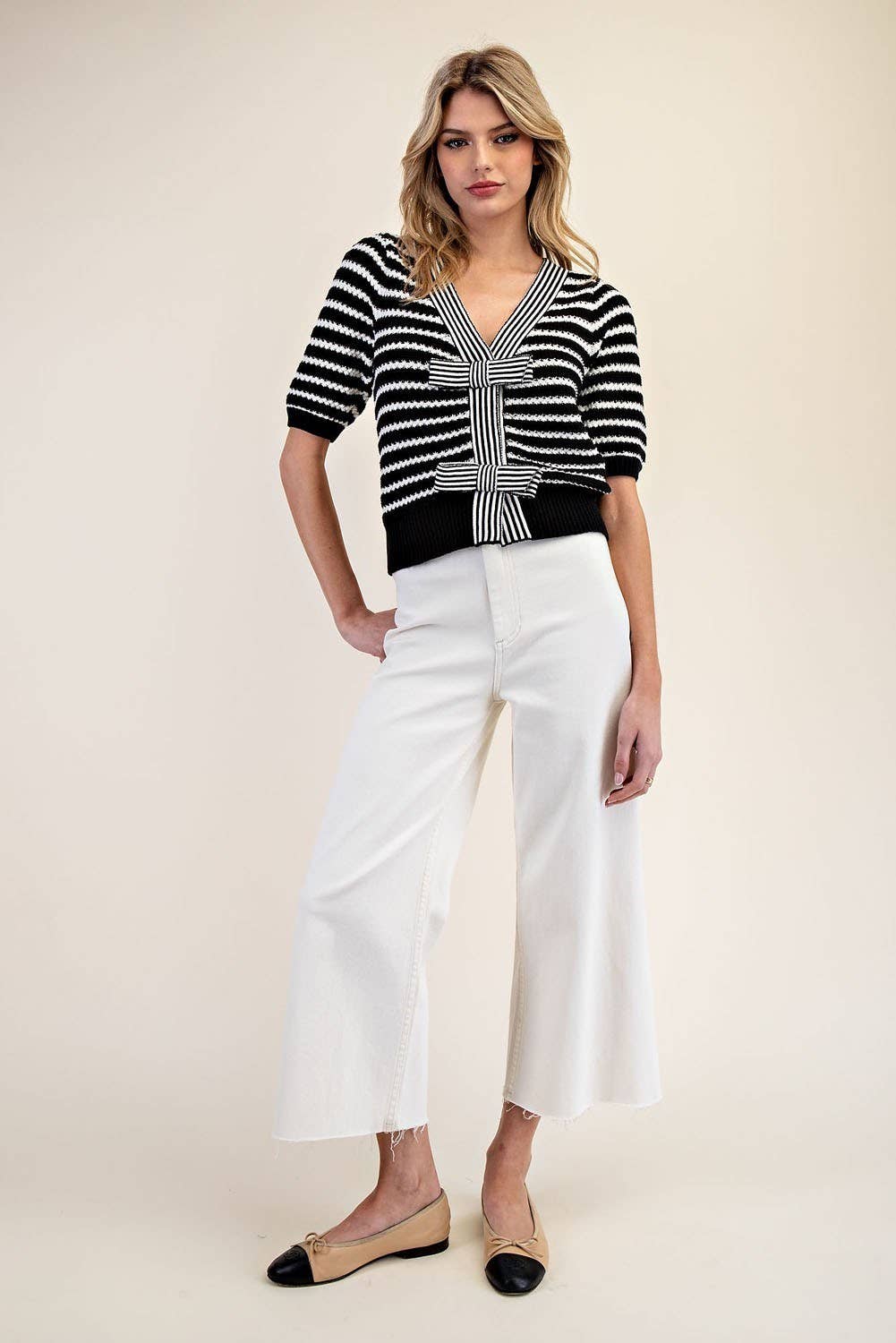 STRIPED V NECK KNIT CARDIGAN