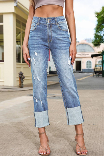 High Waist Distressed Straight Leg Jeans