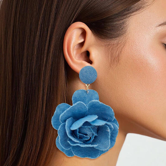 Drop Blue Denim Dimensional Flower Earrings Women