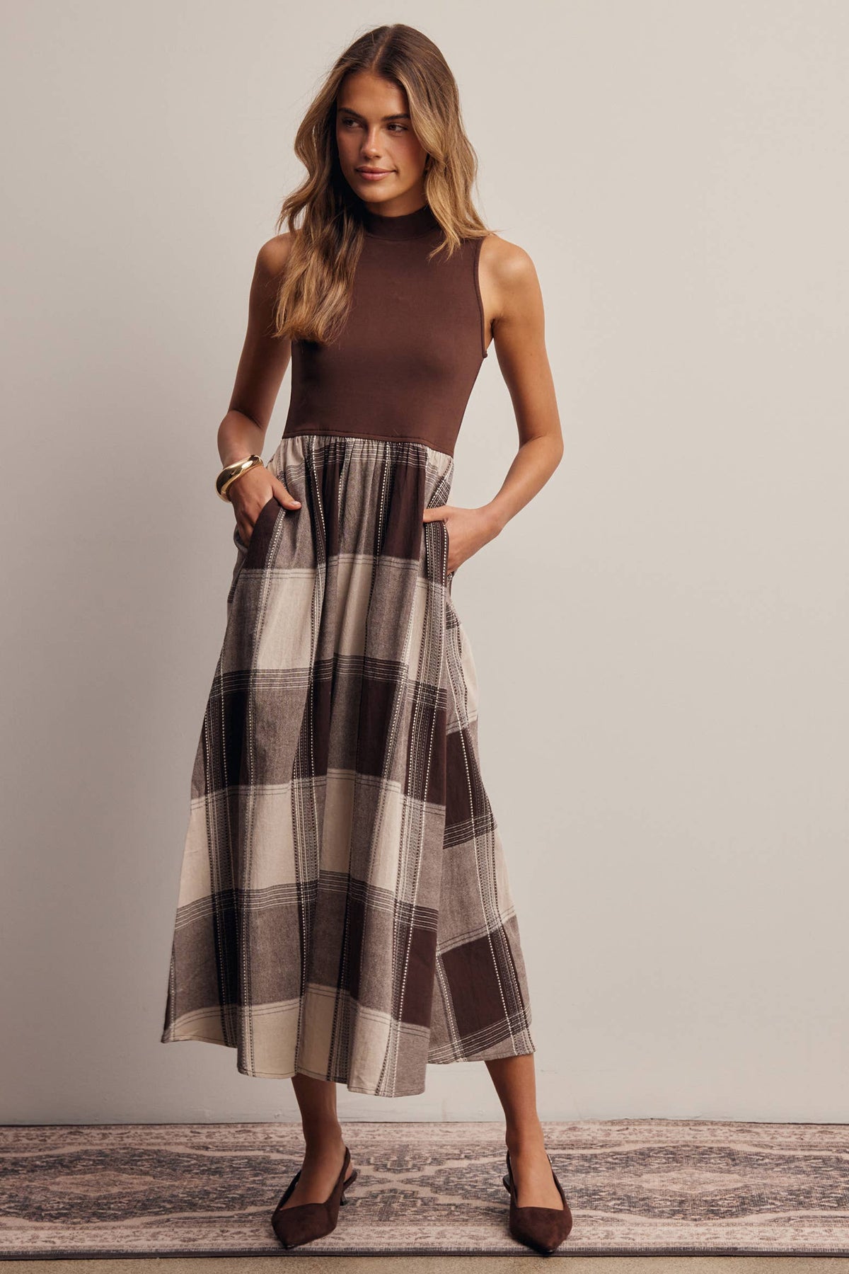 Mock Neck Mixed Media Plaid Midi Dress