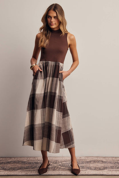 Mock Neck Mixed Media Plaid Midi Dress