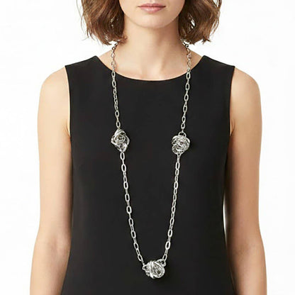 Abstract Textured Metal Ball Station Paperclip Chain Long Necklace
