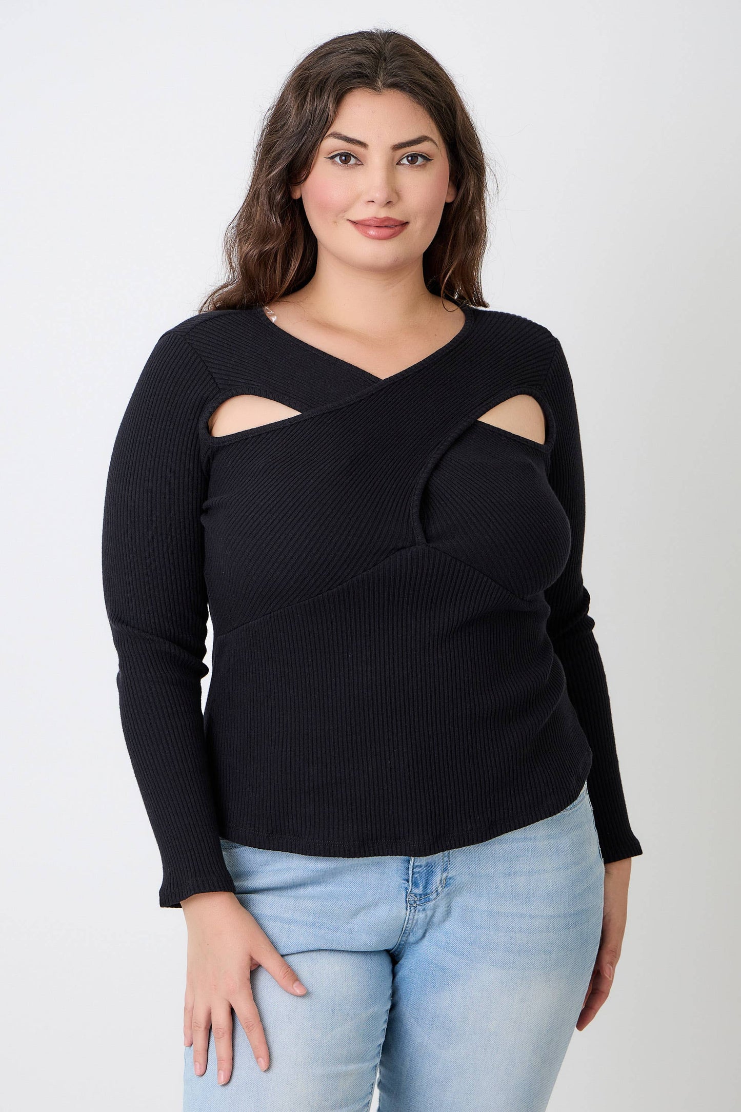 Kitty  Black Ribbed Cutout Long Sleeve Top JK18852-T