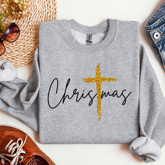 Christmas with Gold Cross- Graphic Sweatshirt