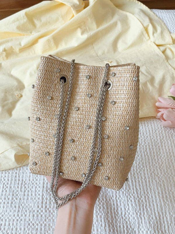 Mini Woven Bucket Bag with Pearl & Rhinestone Accents