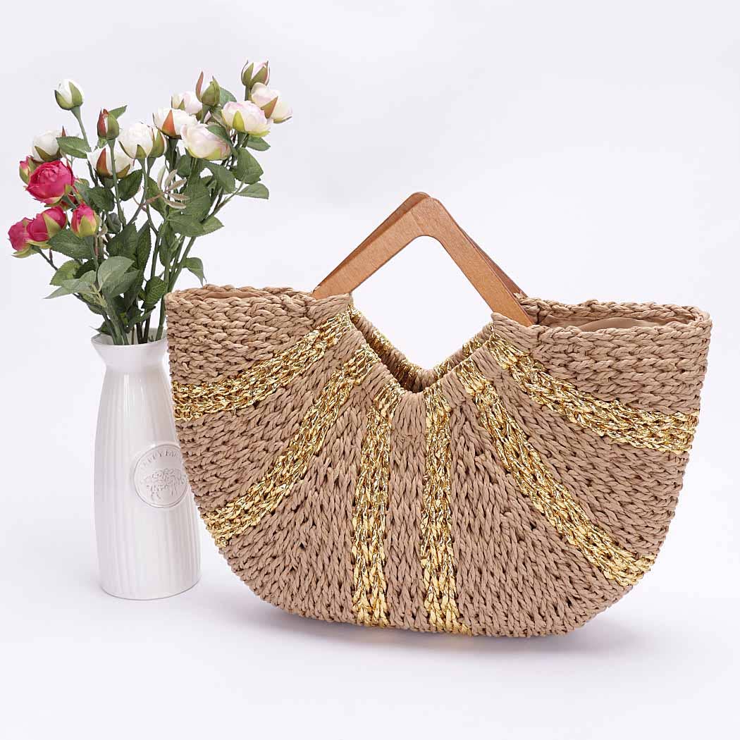 Faux Straw Handmade Metallic Stripe Wooden Handle Bag