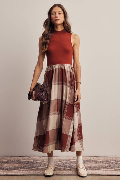 Mock Neck Mixed Media Plaid Midi Dress