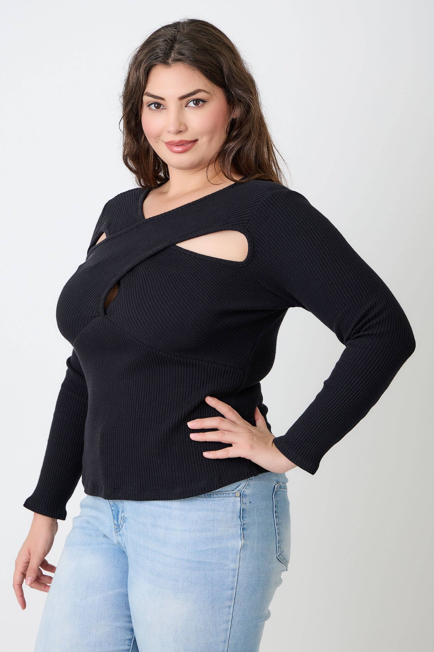 Kitty  Black Ribbed Cutout Long Sleeve Top JK18852-T