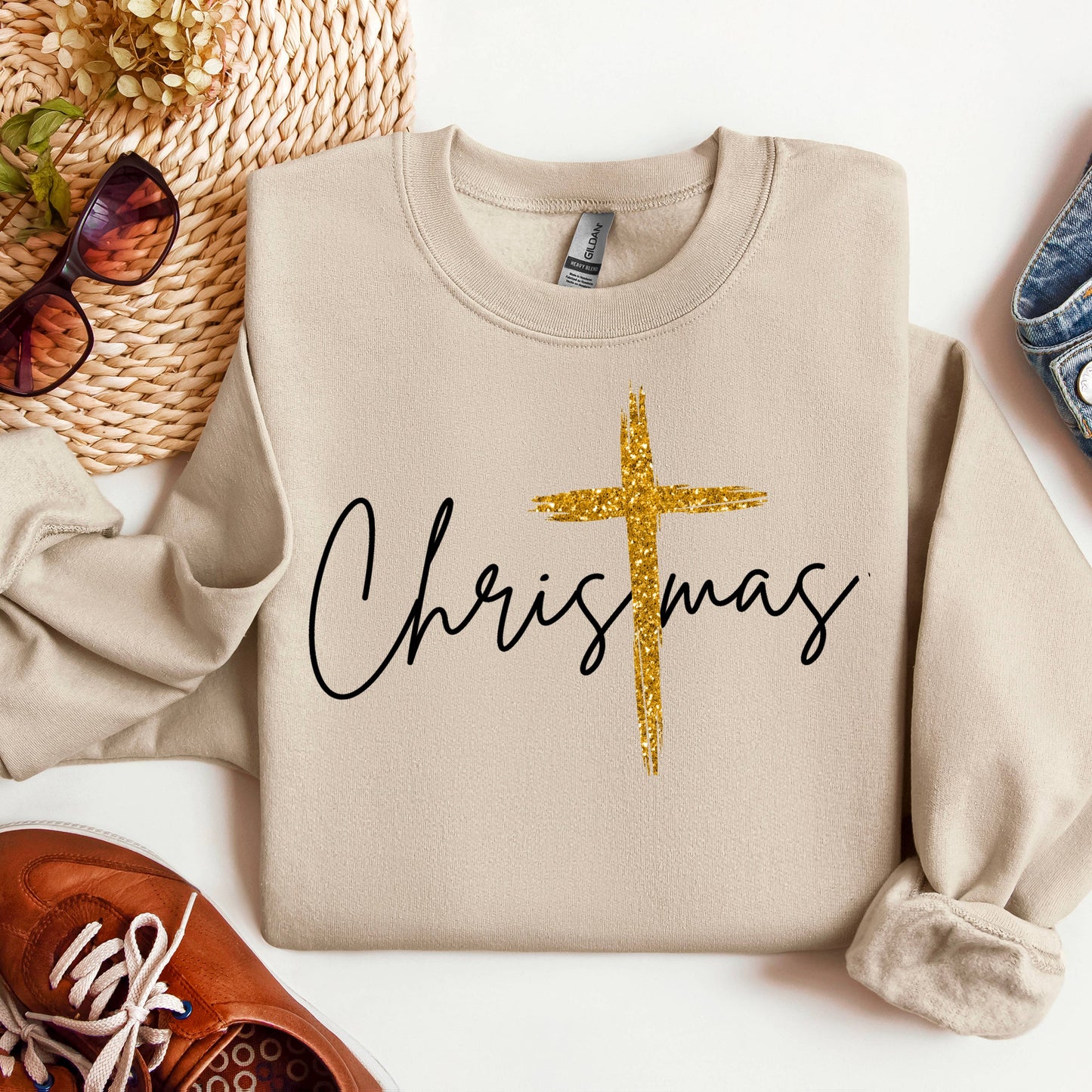 Christmas with Gold Cross- Graphic Sweatshirt