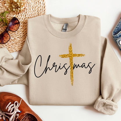 Christmas with Gold Cross- Graphic Sweatshirt