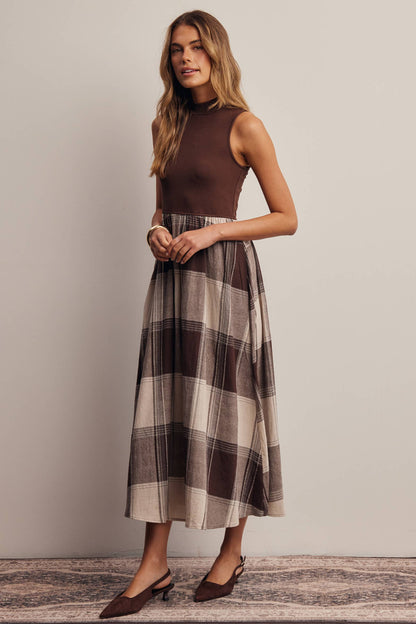 Mock Neck Mixed Media Plaid Midi Dress