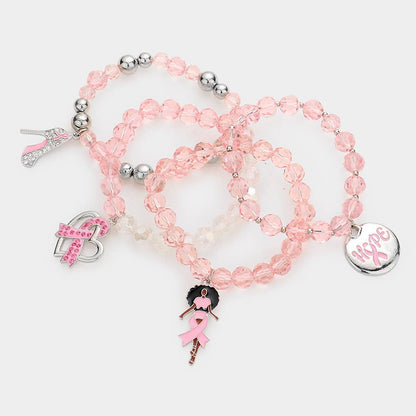 4PCS - Pink Ribbon Stiletto Heel Hope Message Afro Girl Charm Pearl Stretch Bracelets
