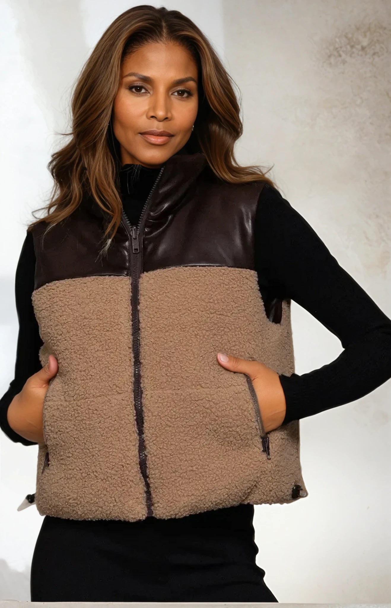 Tashena Reversible Faux Leather-Sherpa Contrast Bubble Crop Vest