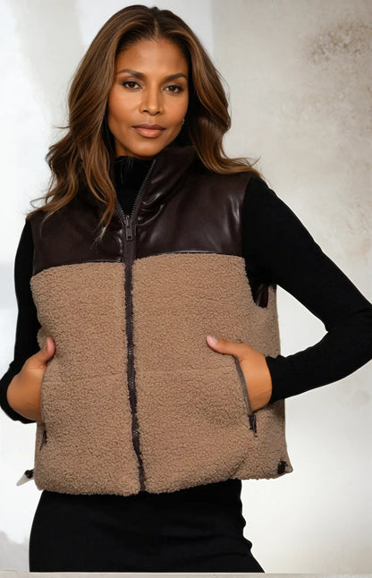 Tashena Reversible Faux Leather-Sherpa Contrast Bubble Crop Vest