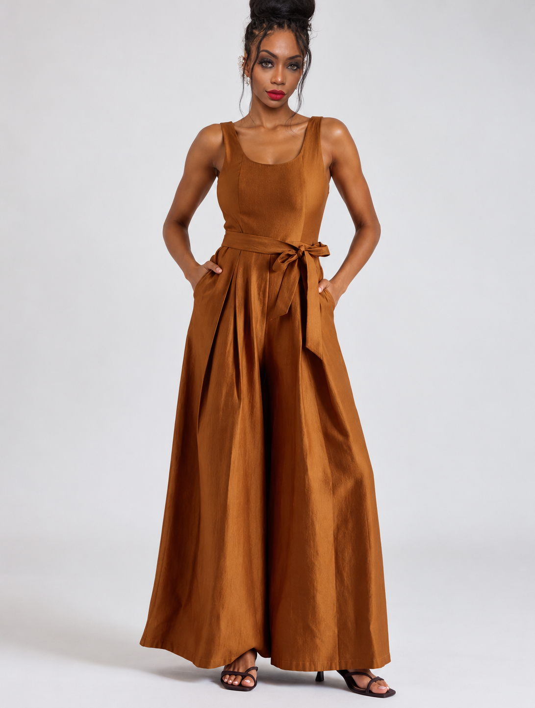 Nadia Satin Wide Leg Belted Jumpsuit