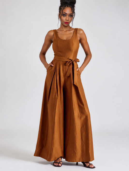 Nadia Satin Wide Leg Belted Jumpsuit