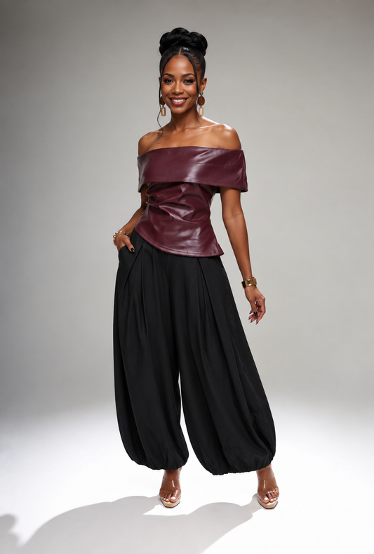 Off The Shoulder Faux Leather Top with Asymmetric Hem