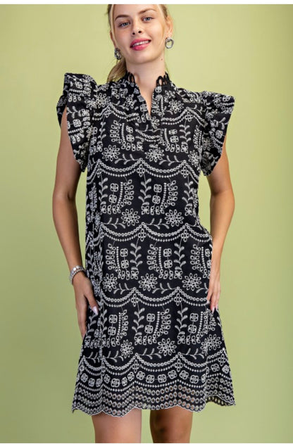 Eyelet V Neck Mini Dress