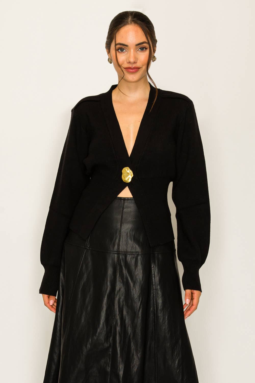 Velia Gold Accent Deep V-Neck Ribbed Cardigan