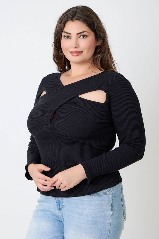 Kitty  Black Ribbed Cutout Long Sleeve Top JK18852-T
