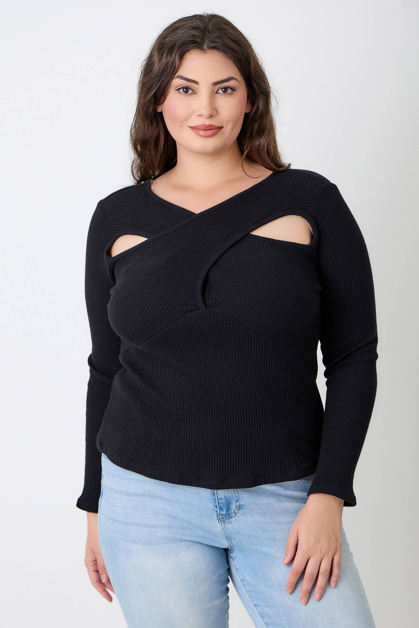 Kitty  Black Ribbed Cutout Long Sleeve Top JK18852-T