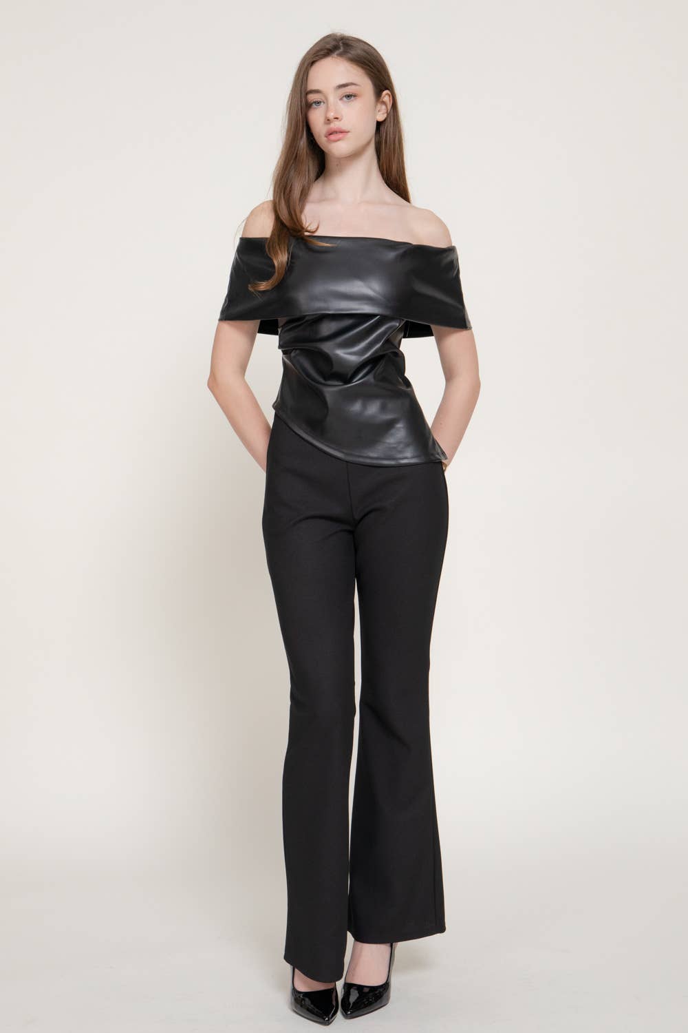 Off The Shoulder Faux Leather Top with Asymmetric Hem