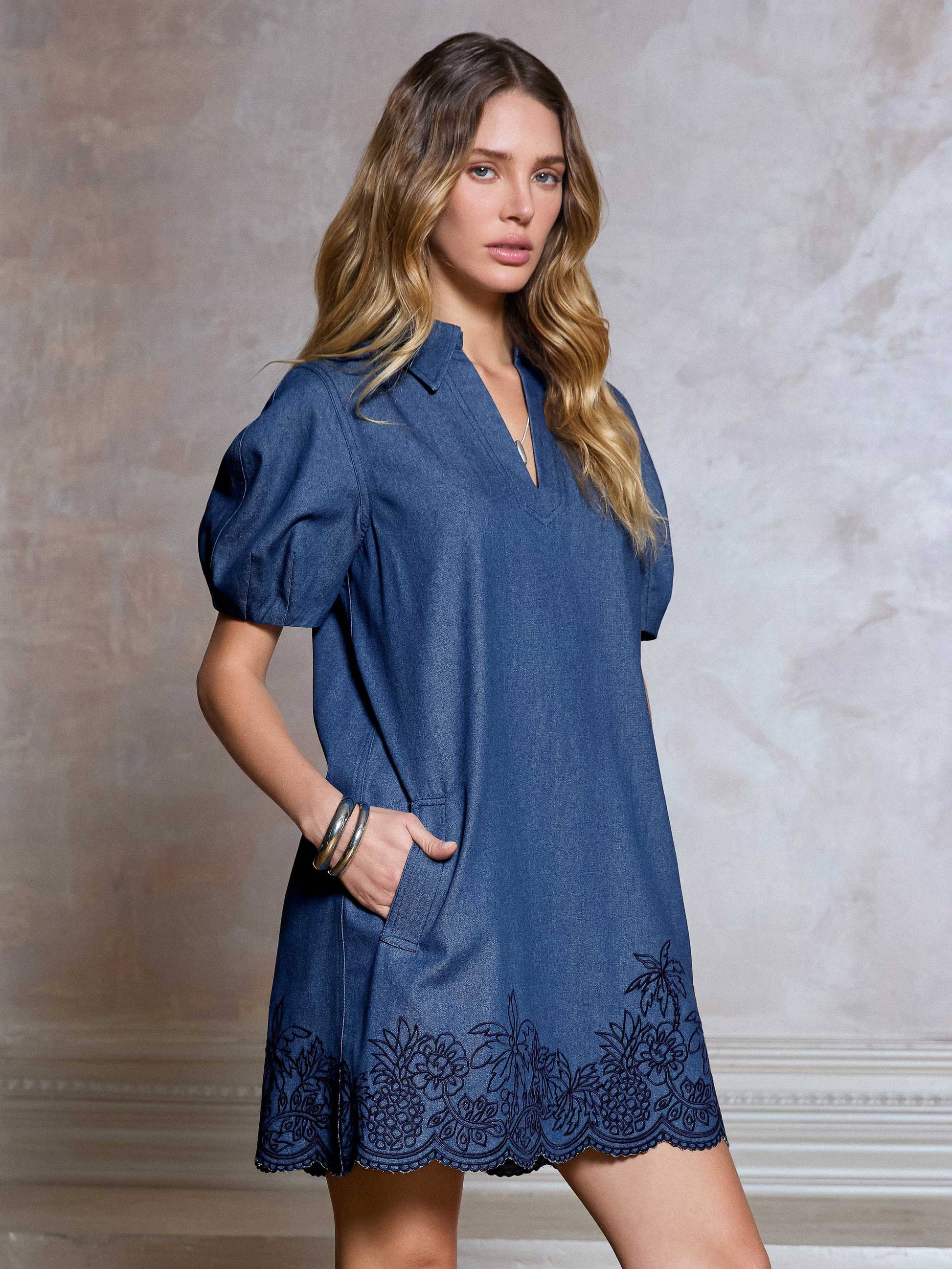denim dress embroidered Stetson Women's Allover Lightweight denim fabric Elegant Embroidered Denim Long Sleeve