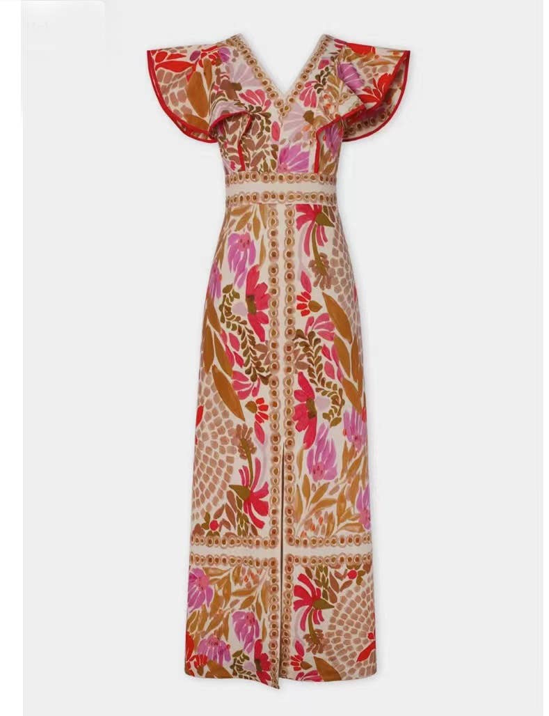 Ruffled Split Positional Print Backless Dress