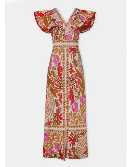 Ruffled Split Positional Print Backless Dress