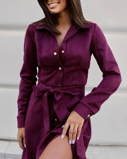 Tiffany Solid Belted Shirt Dress with Long Sleeves