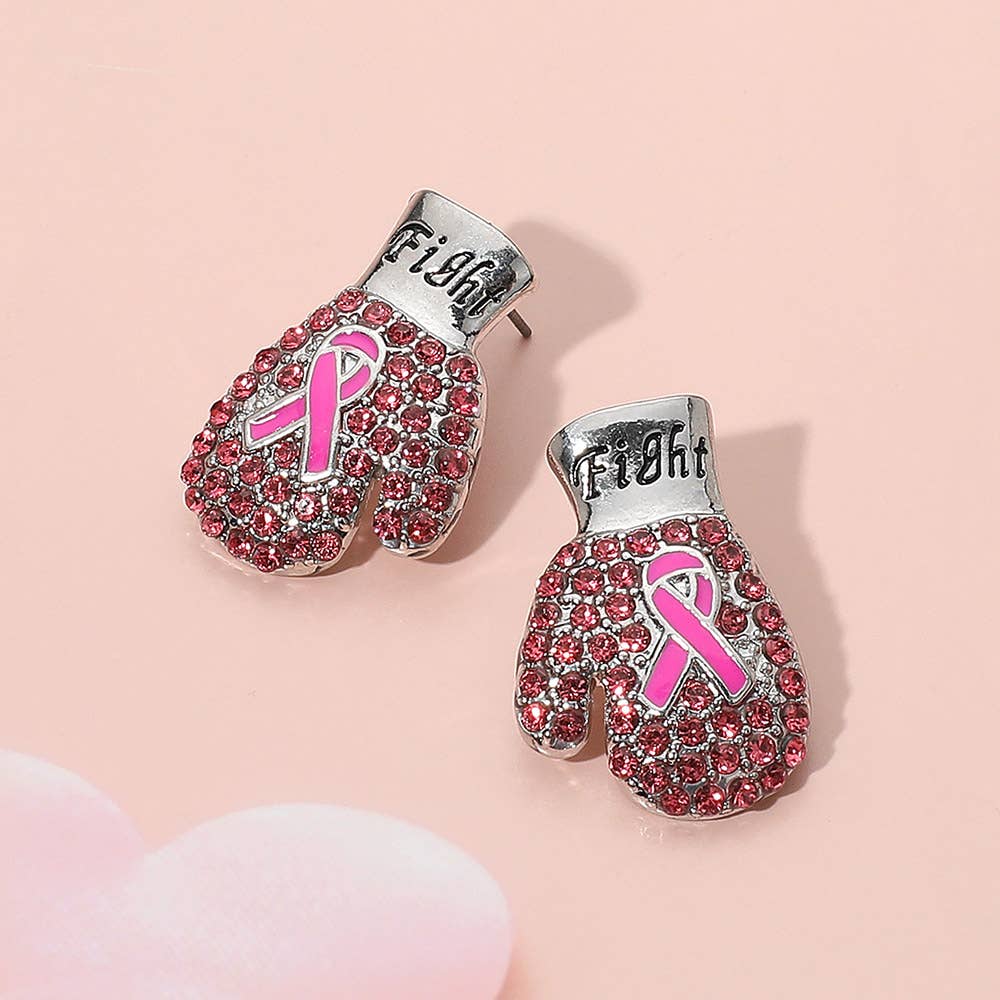 Fight Message Stone Paved Pink Ribbon Boxing Glove Earrings