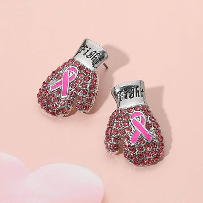 Fight Message Stone Paved Pink Ribbon Boxing Glove Earrings