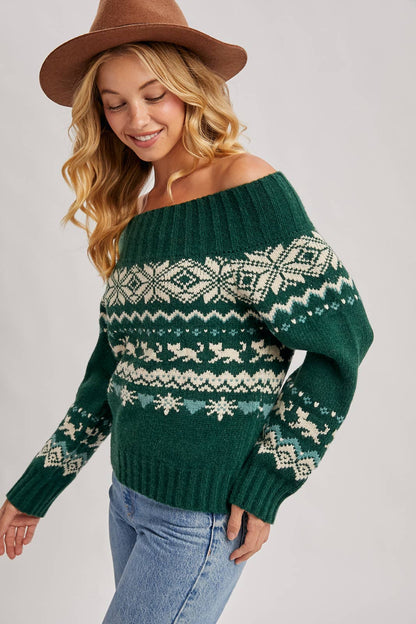 SNOW ISLE OFF SHOULDER KNIT SWEATER - HOLIDAY