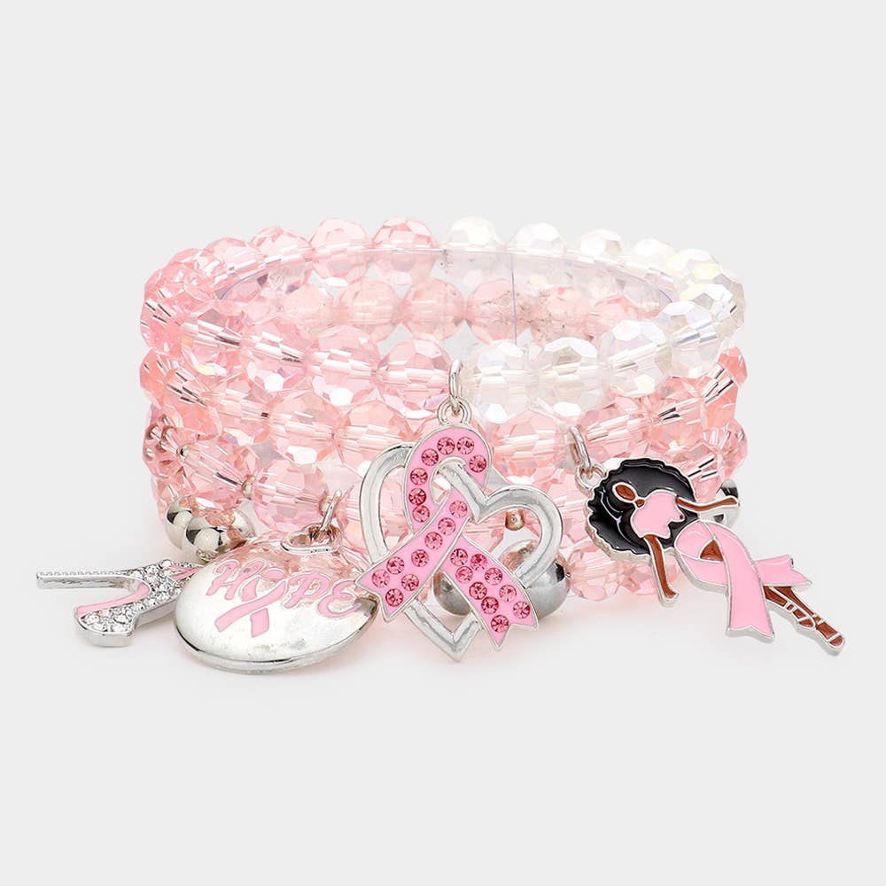 4PCS - Pink Ribbon Stiletto Heel Hope Message Afro Girl Charm Pearl Stretch Bracelets