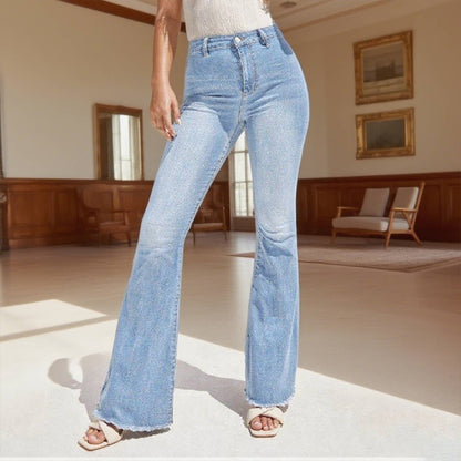 High-waisted, tight-fitting washed flared jeans