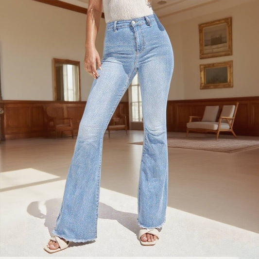 High-waisted, tight-fitting washed flared jeans