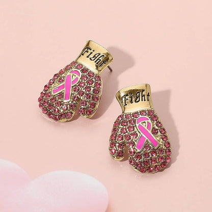 Fight Message Stone Paved Pink Ribbon Boxing Glove Earrings