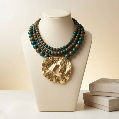 Tribal Lake Blue Stone Bead Hammered Gold Necklace