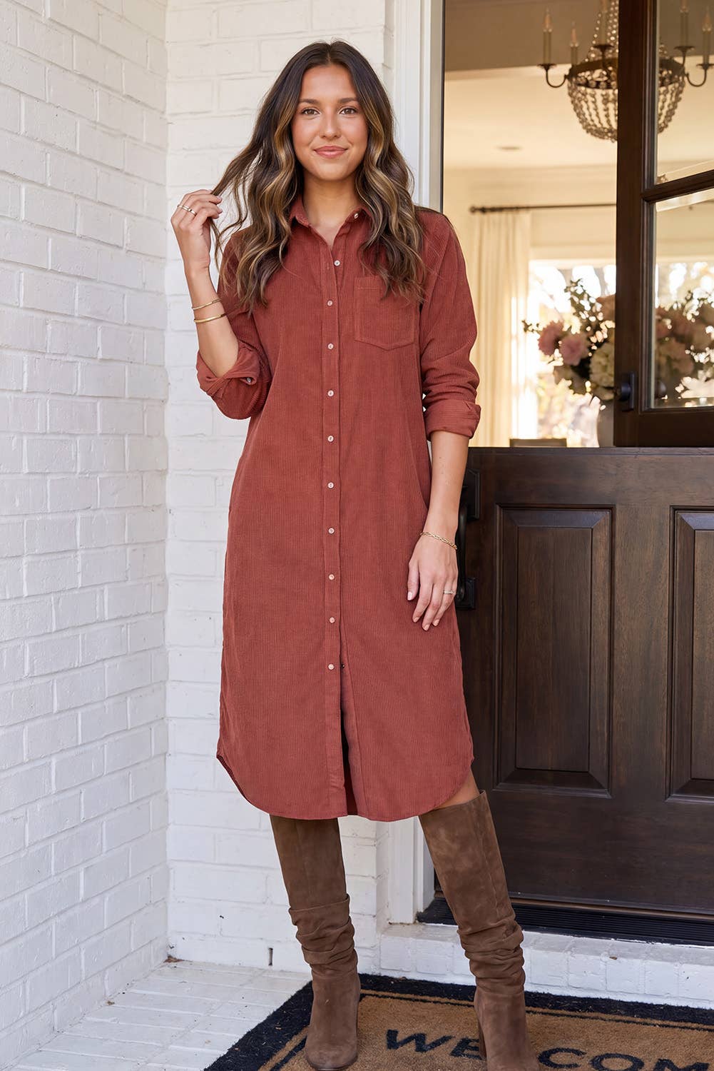 Corduroy Button Down Shirt Midi Dress by LA Society