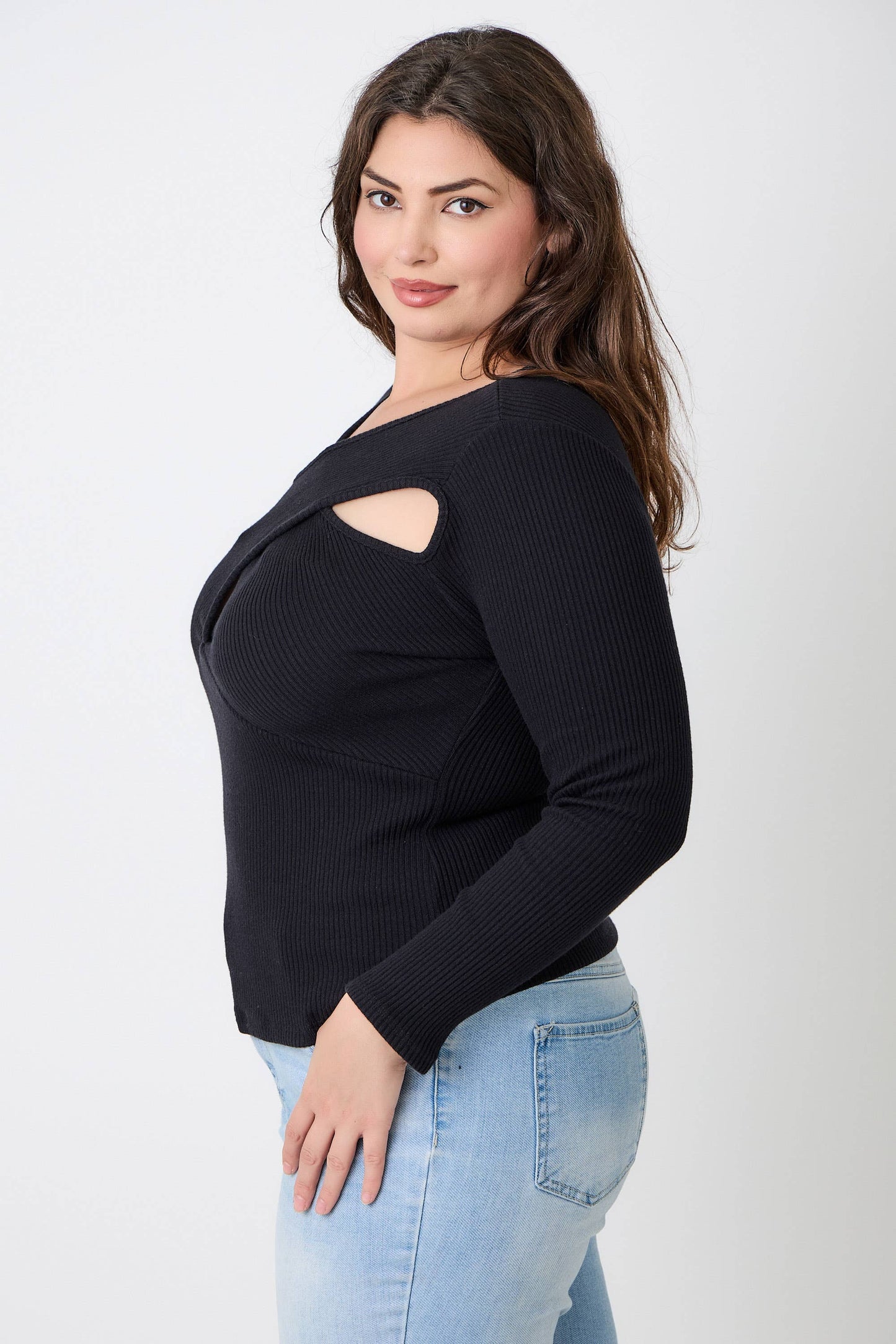 Kitty  Black Ribbed Cutout Long Sleeve Top JK18852-T