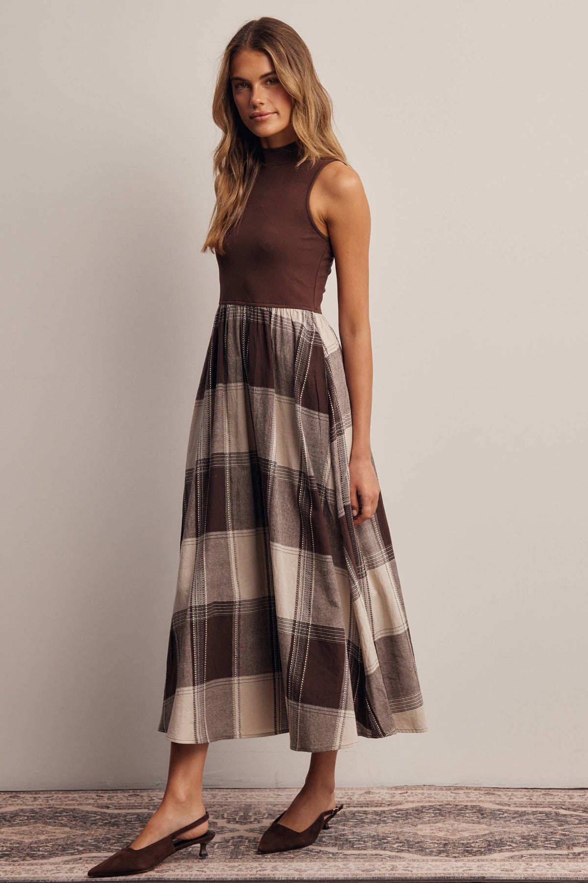 Mock Neck Mixed Media Plaid Midi Dress