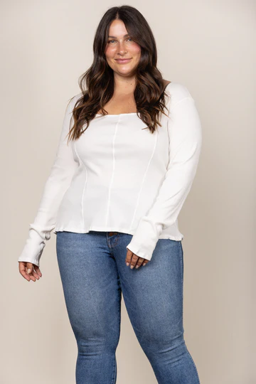KENSLEY SQUARE NECK RIBBED KNIT LONG SLEEVES PLUS SIZE TOP PTJ