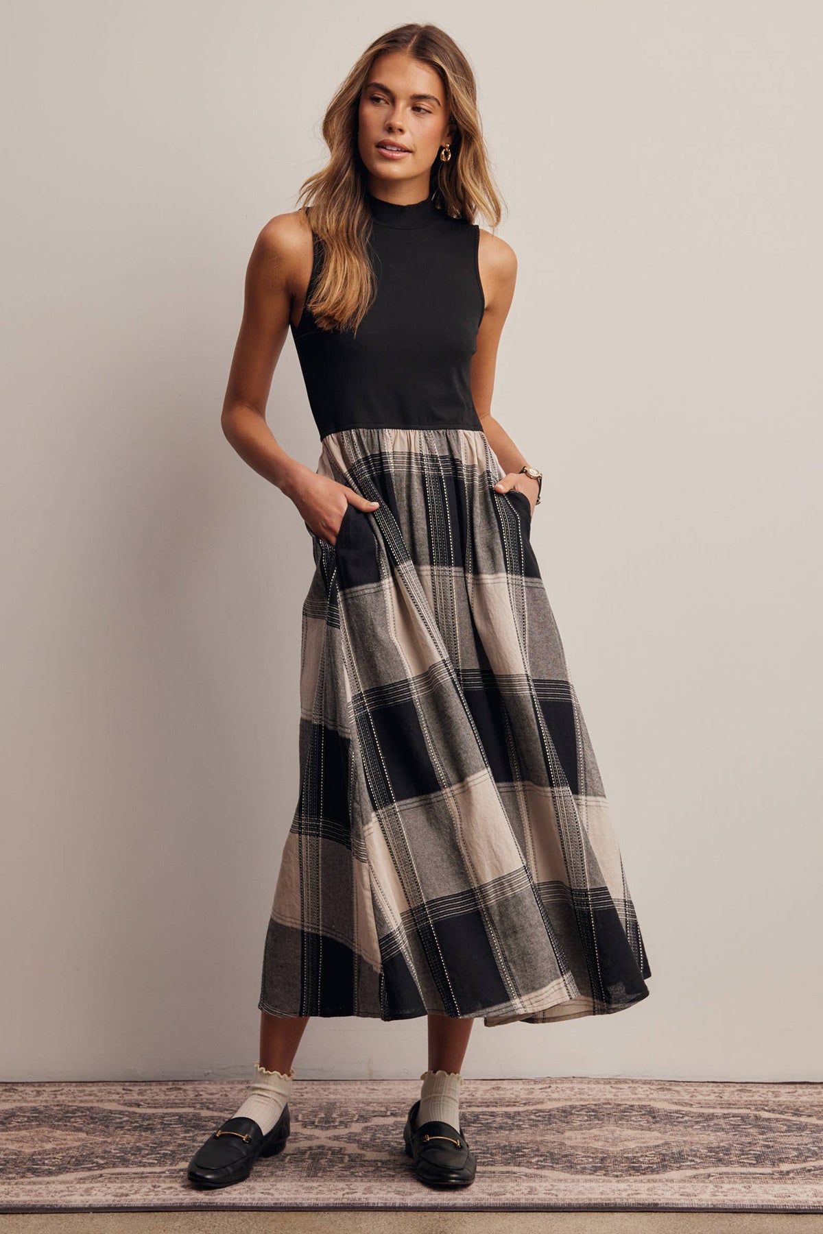 Mock Neck Mixed Media Plaid Midi Dress