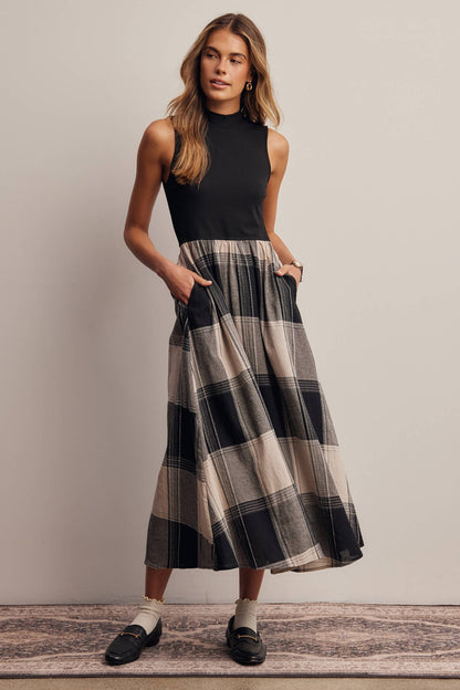 Mock Neck Mixed Media Plaid Midi Dress